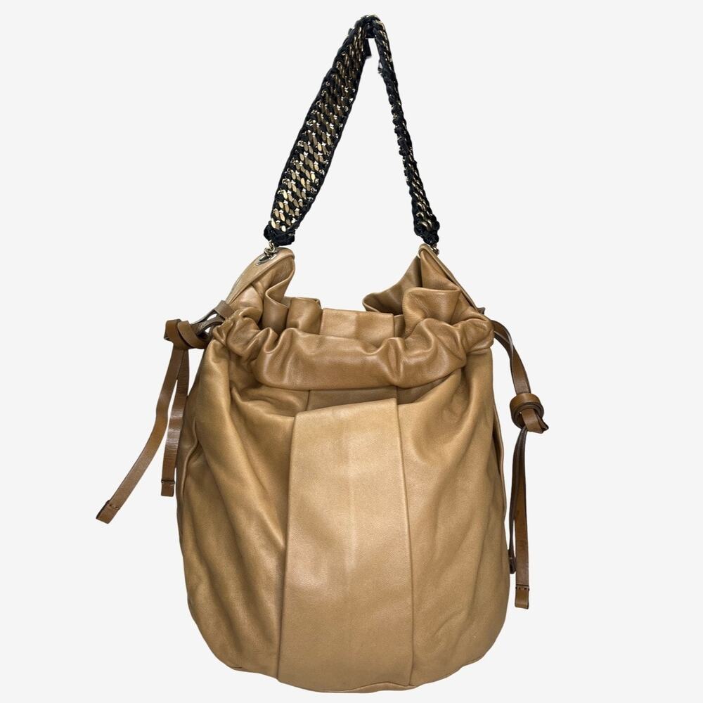 Marni Tan Leather Drawstring Tote Woven Chain Strap Made in Italy Slouchy Bag
